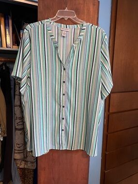 Catherines Vertical Stripe Short-Sleeve Button Shirt - Green, Black, White